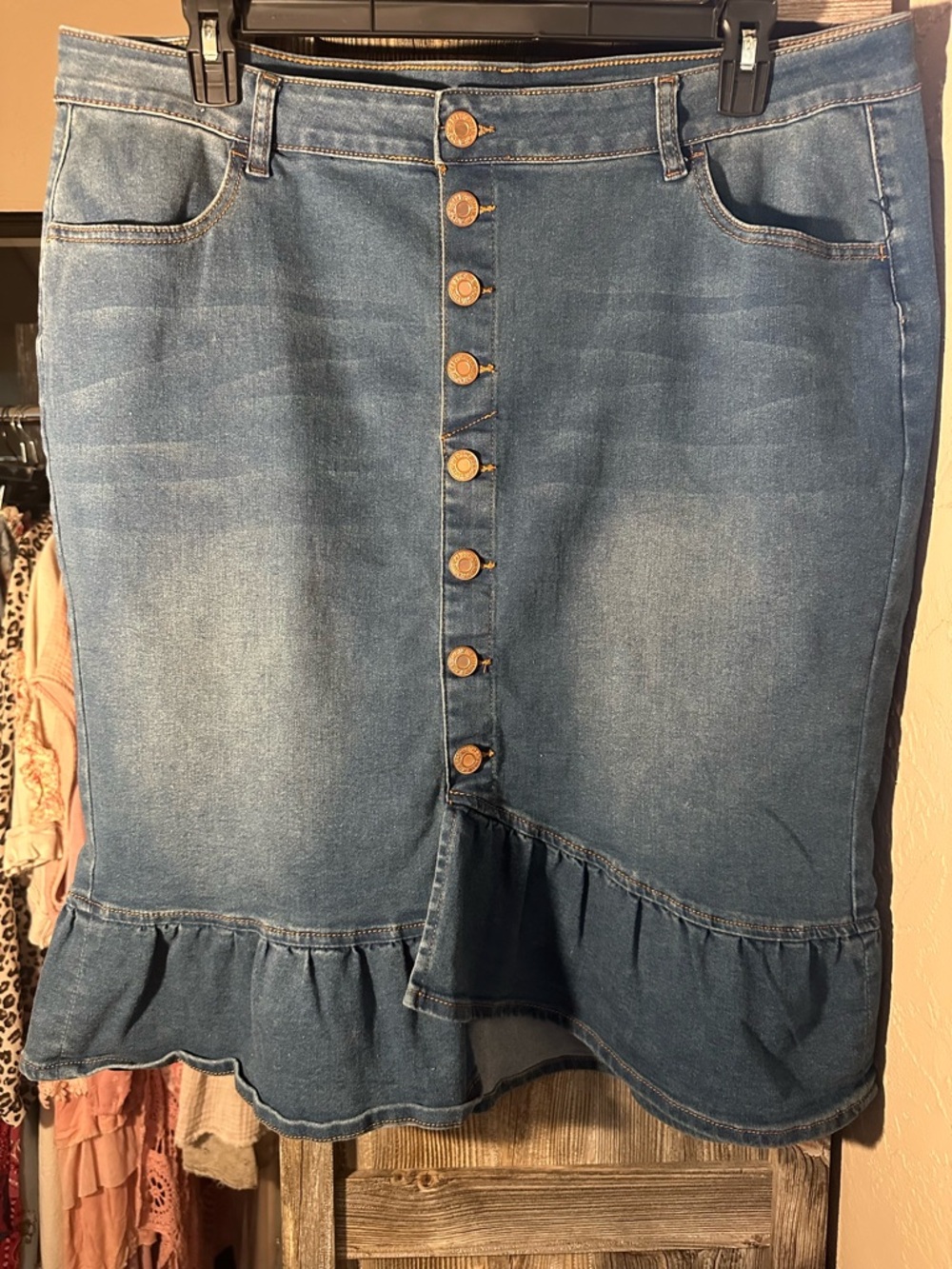Be Girl Ruffled Hem Front-Button Denim Skirt